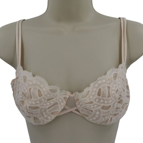 Maidenform 36B Grand Illusion Beige Scallop Lace Underwire Polka Dot Mesh Bra - Picture 1 of 16